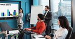 Data, business people and manager on screen for presentation, planning or profit growth in meeting. Finance, group or brainstorming in office, training or coaching with investment metrics or analysis