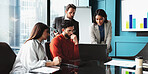 Collaboration, business meeting and group with laptop, office and colleagues with stats for investment. Brainstorming, people and online for accounting in boardroom, corporate and teamwork with data