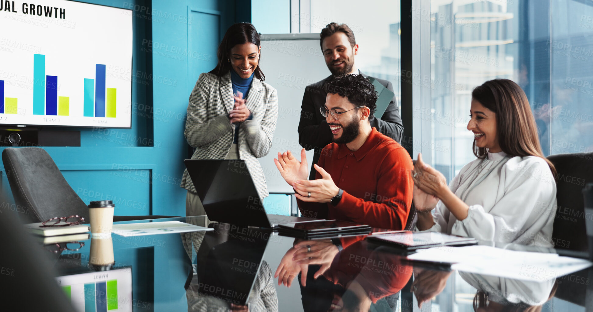 Buy stock photo Laptop, applause or team of business people celebrate profit growth, performance data or goal achievement. Excited, finance or group in office with success, winning or investment target in hedge fund