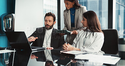Buy stock photo Business people, laptop or meeting with tablet in conference for corporate expenses or budget at office. Businessman, group or employees with computer for financial discussion on project at workplace