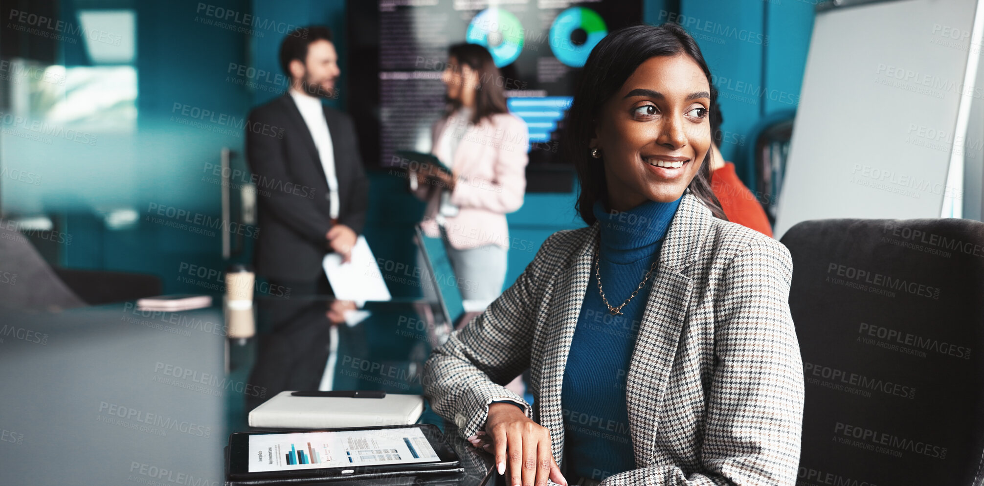 Buy stock photo Documents, finance and thinking with business woman in office of investment firm for portfolio management. Future, growth and vision with happy financial broker in workplace for stock market trading