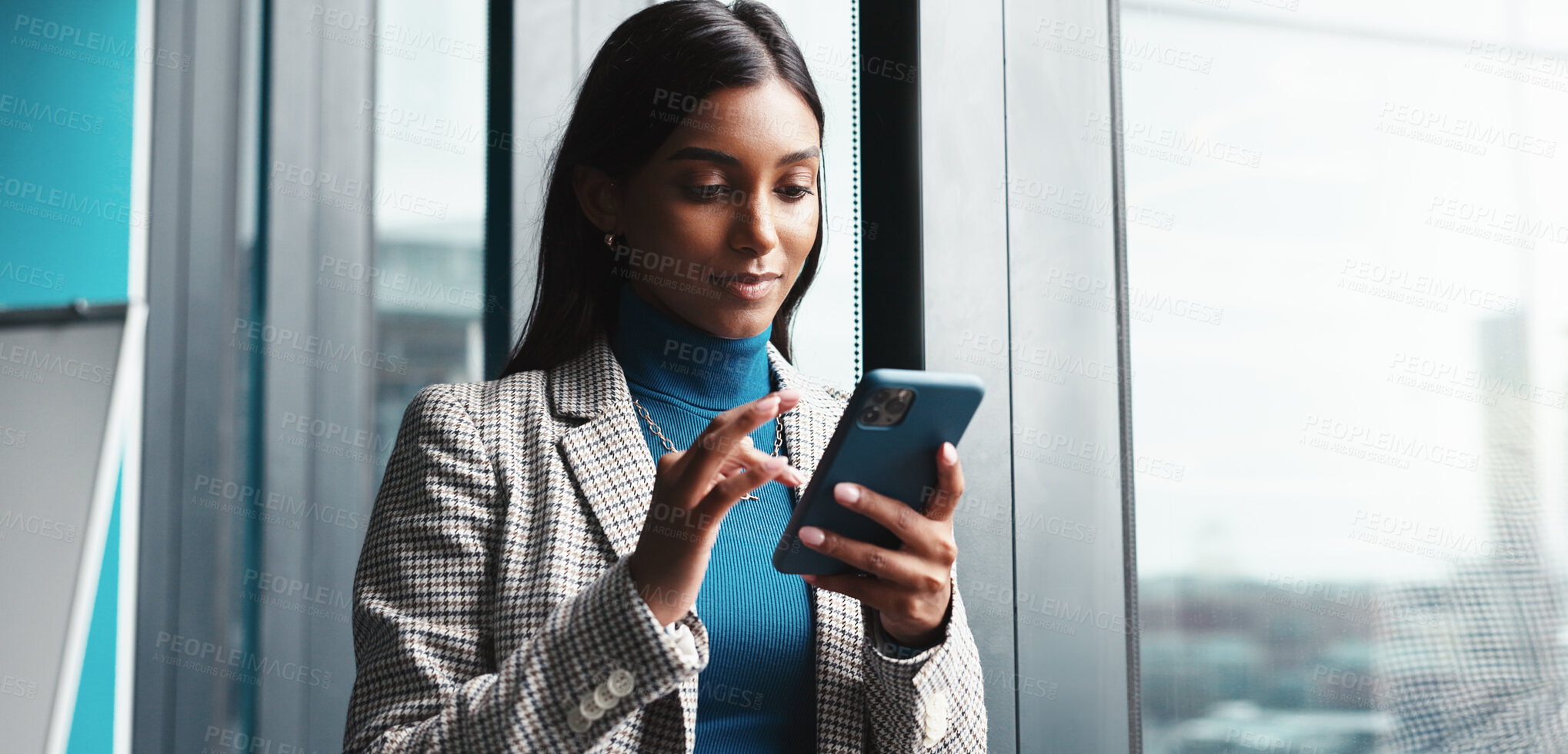 Buy stock photo Office, businesswoman and text with smartphone for negotiation, funding message and investment. Career, female person and financial advisor with mobile for communication, email and typing to contact