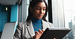 Typing, tablet and research with business woman in office for workshop coordinator, reading and corporate trainer. Feedback, planning and conference organizer with person in agency for schedule