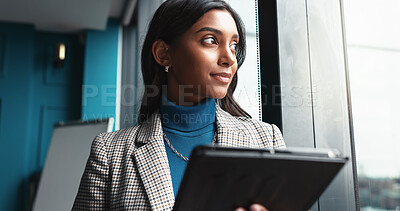 Buy stock photo Thinking, tablet and idea with business woman in office for workshop coordinator, reflection and corporate trainer. Vision, planning and conference organizer with person in agency for schedule