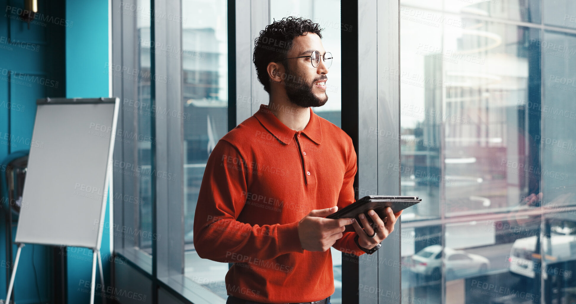 Buy stock photo Office, businessman and smile with tablet for thinking, news story and online article for publication. Career, male person and journalist with ideas for creative agency, digital blog and web review