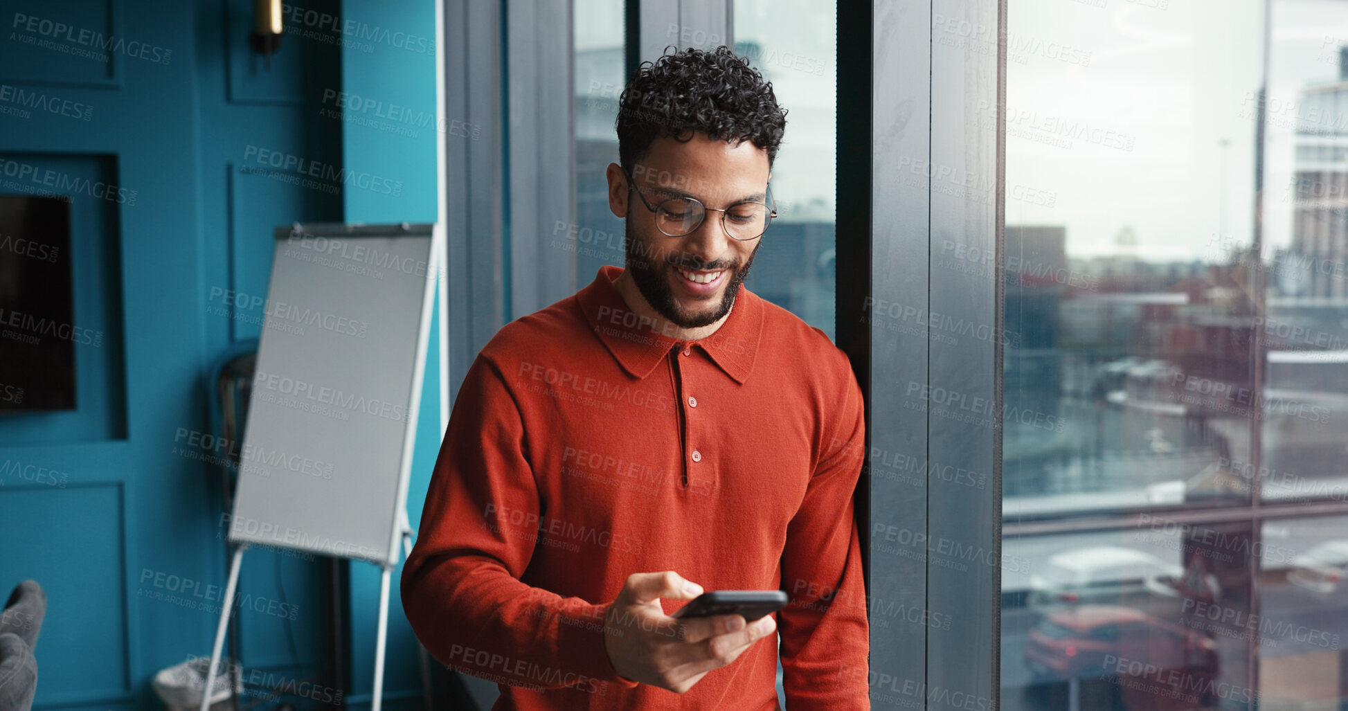 Buy stock photo Office, businessman and smile with smartphone for notification, news and online article for publication. Career, male person and journalist with scroll for creative agency, digital blog or web review