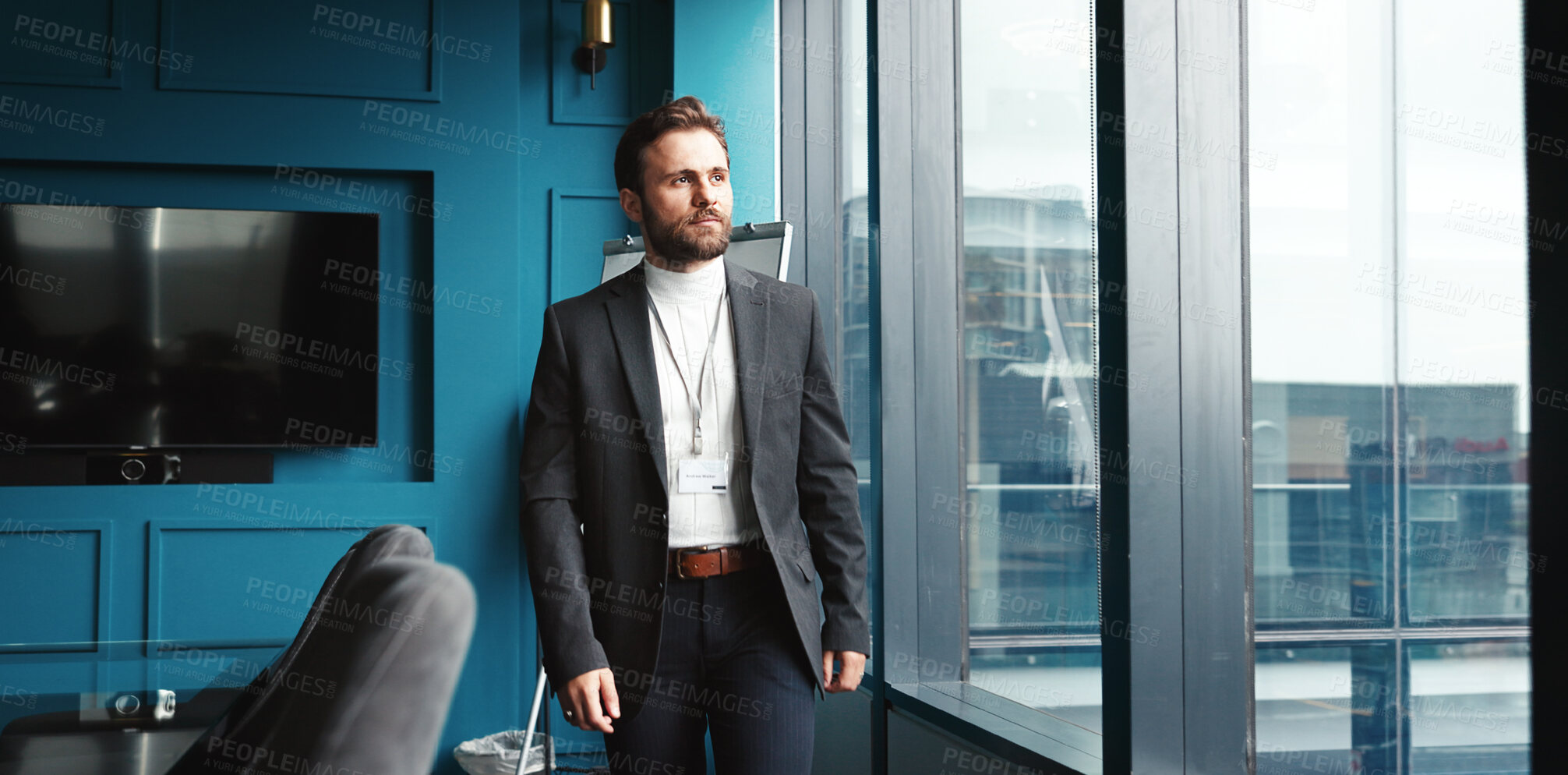 Buy stock photo Window, business and man in office, thinking and solution with decision for investment deal. Person, broker and accountant in workplace, daydreaming and financial advisor with choice and New York