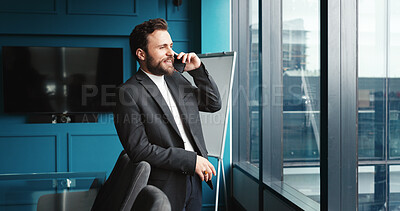 Buy stock photo Office, businessman and networking with phone call for negotiation, funding discussion and smile. Career, male person and financial advisor with mobile for communication, offer and talking to contact