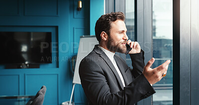 Buy stock photo Office, businessman and talking with phone call for negotiation, funding discussion and smile. Career, male person and financial advisor with mobile for communication, offer and networking to contact