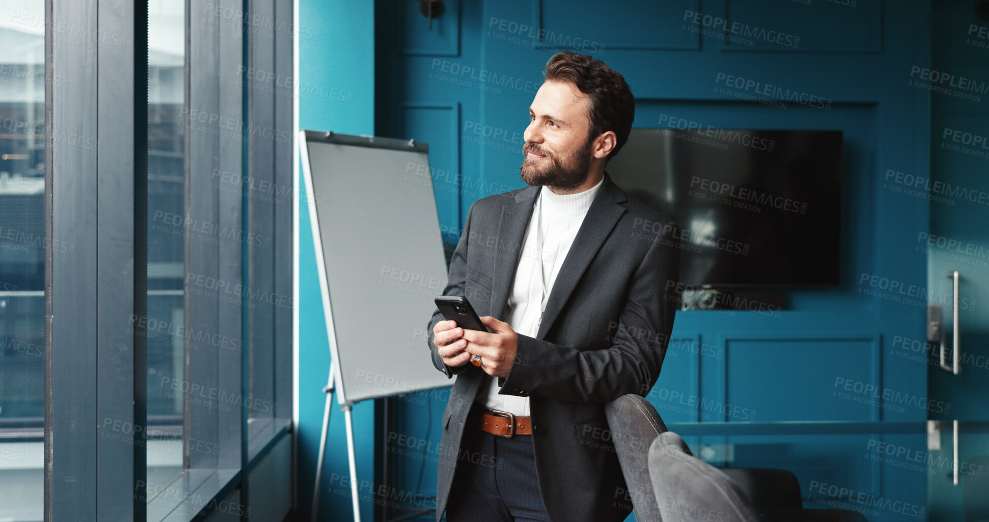 Buy stock photo Thinking, businessman and smile with smartphone in office, news story and online source for publication. Career, male person and journalist with mobile for creative agency, digital blog and web ideas