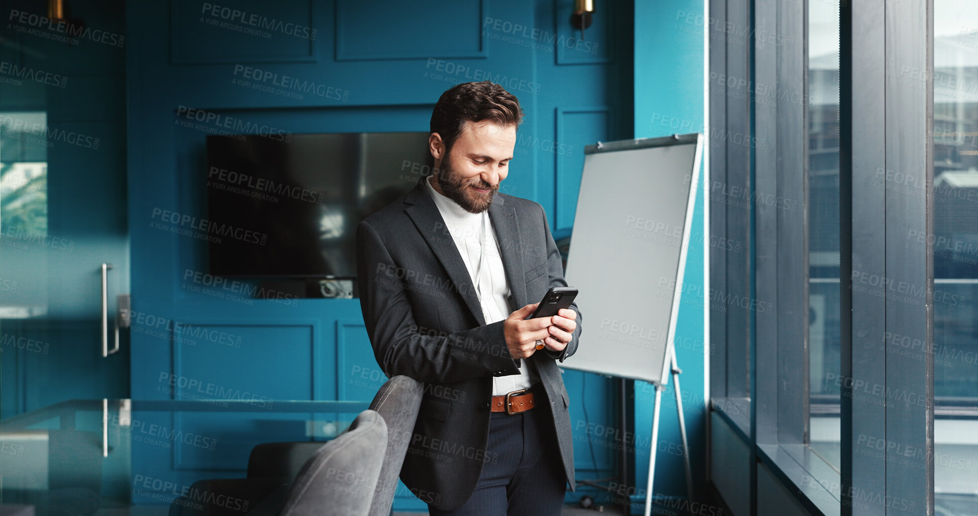 Buy stock photo Typing, businessman and smile with smartphone in office, reading story and online source for publication. Career, male person and journalist with mobile for creative agency, digital blog and scroll