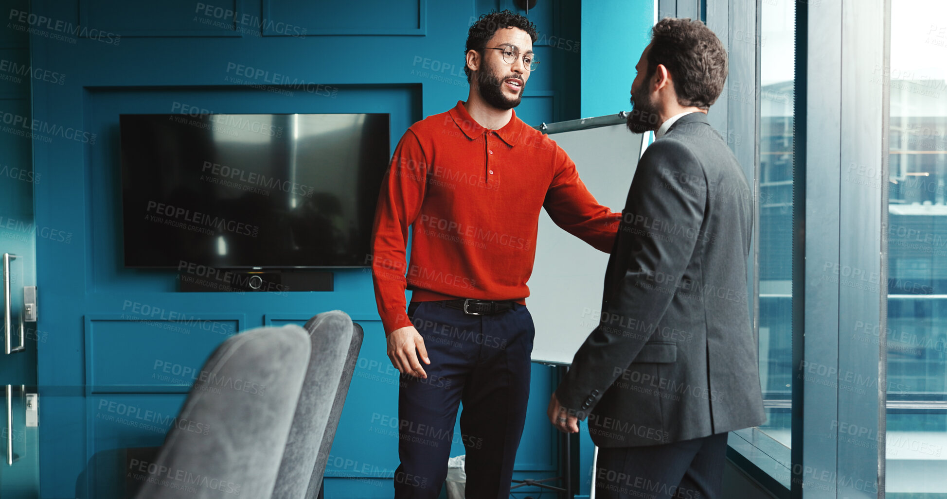 Buy stock photo B2B, conversation and merger with business people in corporate office for discussion or negotiation. Meeting, planning or takeover with manager and client speaking in workplace for partnership