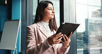 Buy stock photo Thinking, tablet and future with business woman in office for workshop coordinator, reflection and corporate trainer. Vision, planning and conference organizer with person in agency for schedule