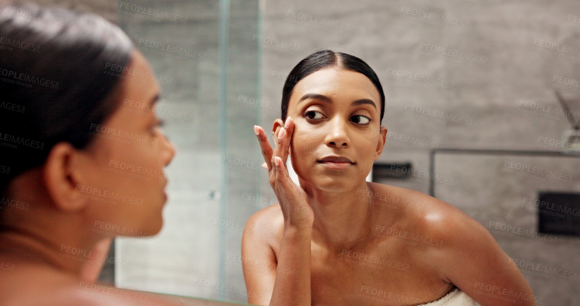 Buy stock photo Bathroom, mirror and woman with check for skincare, self care and face inspection with glow in morning. Home, reflection and female person with beauty for cosmetics, acne treatment or hygiene routine