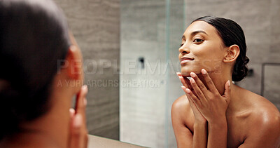 Buy stock photo Bathroom, mirror and woman with smile skincare, self care and satisfaction with face glow in morning. Home, reflection and female person with beauty for cosmetics, acne treatment or wellness in house