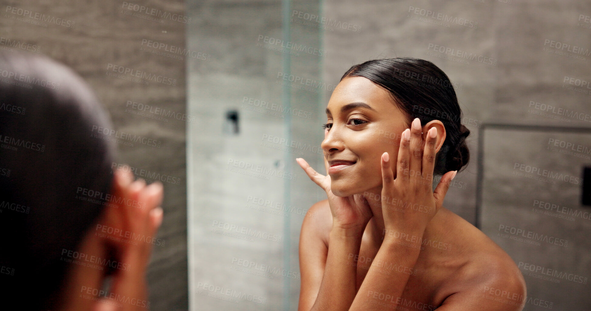 Buy stock photo Smile, skincare and mirror with woman in bathroom for beauty, morning routine and cosmetics. Shine, hotel resort and cleaning with reflection of person at home for grooming, spa glow and self care