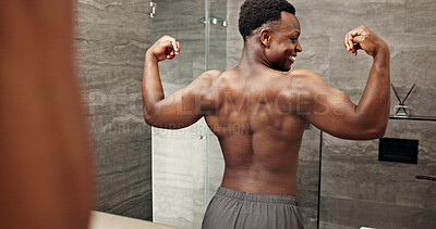 Buy stock photo Proud, black man and mirror for flexing in bathroom of fitness progress, muscle growth and workout pride. Happy, male person and reflection of strong biceps, grooming routine and bodybuilder at house
