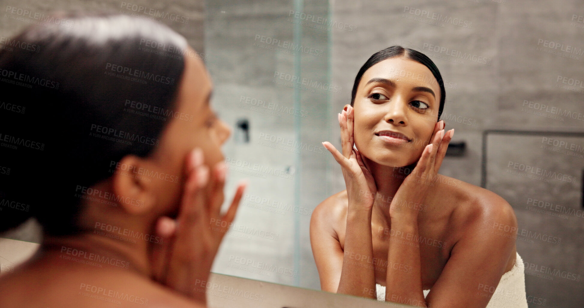 Buy stock photo Bathroom, mirror and woman with face for skincare, self care and satisfaction for glowing in morning. Home, reflection and female person with beauty for cosmetics, acne treatment and hygiene routine