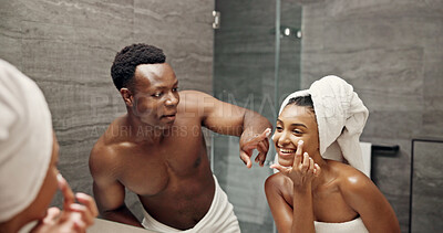 Buy stock photo Cream, skincare and mirror with couple in bathroom for beauty, morning routine and cosmetics. Bonding, hotel resort and cleaning with man and woman at home for grooming, spa glow and self care