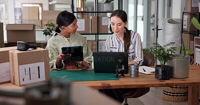 Buy stock photo Box, laptop and tablet for supply chain with women in delivery or distribution office together. Computer, online order or shipping with logistics employee team in workplace for checklist or ecommerce