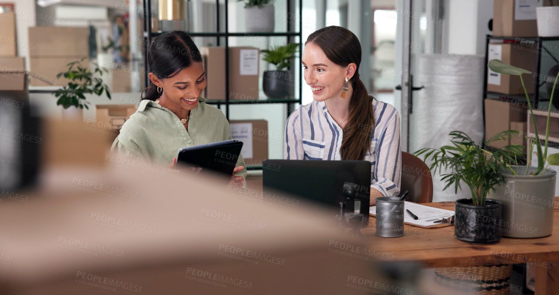 Buy stock photo Box, laptop and tablet for logistics with women in delivery or distribution office together. Backlog, online order or shipping with supply chain employee team in workplace for checklist or ecommerce