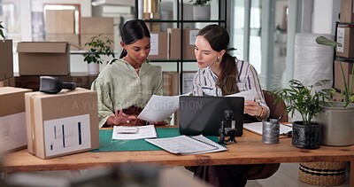Buy stock photo Box, documents and laptop for supply chain with women in delivery or distribution office together. Backlog, paper or shipping with logistics employee team in workplace for checklist or ecommerce