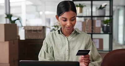 Buy stock photo Small business, smile and woman with card, office and thinking of purchase for stock, boxes and web. Warehouse, entrepreneur and person with credit for supplies, ecommerce and planning for payment