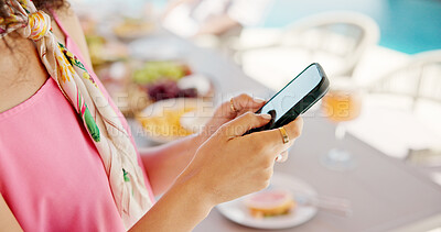 Buy stock photo Woman, hands and outdoor with phone for social media, travel planning and contact at hotel event. Influencer, mobile or typing at resort brunch for status update, accommodation review or writing blog