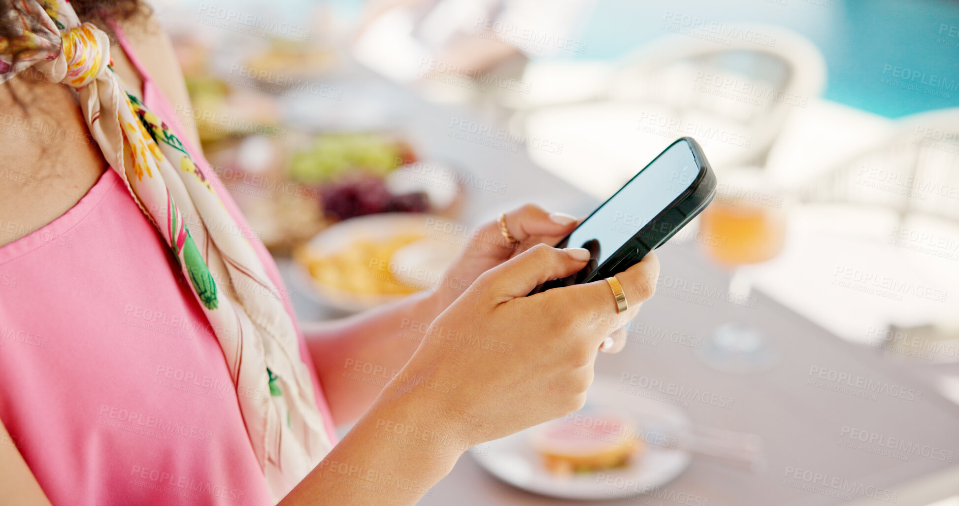 Buy stock photo Woman, hands and outdoor with phone for social media, travel planning and contact at hotel event. Influencer, mobile or typing at resort brunch for status update, accommodation review or writing blog