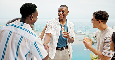 Buy stock photo Party, friends and handshake with happy people at celebration, greeting and meeting at event outdoor. Group, social gathering and shaking hands together at reunion, laughing and drink alcohol by pool
