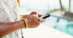 Man, hands or outdoor with phone for social media, travel planning or contact at hotel. Influencer, mobile or typing at resort pool for status update, accommodation review or writing blog on platform