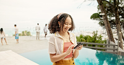 Buy stock photo Pool, vacation and woman with smartphone, smile and weekend break with internet. People, summer holiday and girl with cellphone, influencer and social media with connection, texting and luxury resort