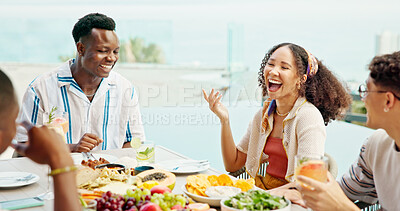 Buy stock photo Party, laughing and friends eating lunch at celebration, comedy or joke on holiday at event outdoor. Group, food or people at social gathering for reunion, funny conversation or drink alcohol by pool