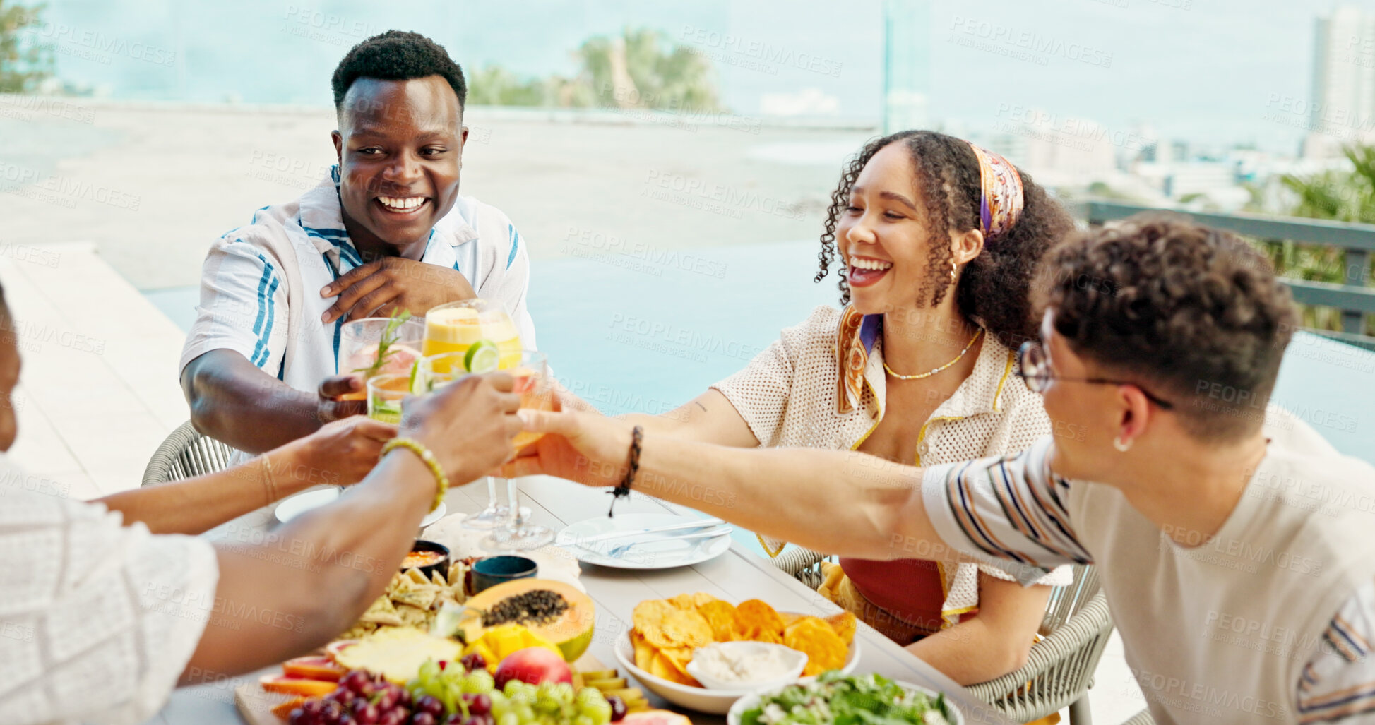Buy stock photo Alcohol, friends and cheers at lunch party, celebration and drinks on holiday at event outdoor. Group, food and happy people toast at social gathering, reunion and relax at table together by pool