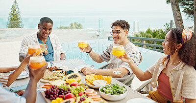 Buy stock photo Drinks, friends and happy people toast at lunch party, celebration and hangout on holiday at event outdoor. Group, food and cheers with cocktail at social gathering for reunion or success by pool
