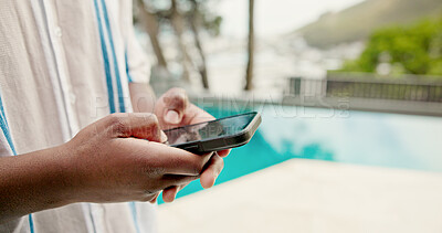 Buy stock photo Pool, hands and man with cellphone, typing and summer holiday with internet, texting and travel. Person, closeup and traveller with smartphone, tourism and message to contact, social media and Miami