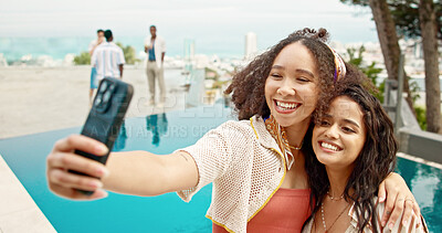 Buy stock photo Post, selfie and friends with women at party for summer vacation, photography memory and college freshman. Social media, spring break picture and hotel resort with people on holiday for celebration