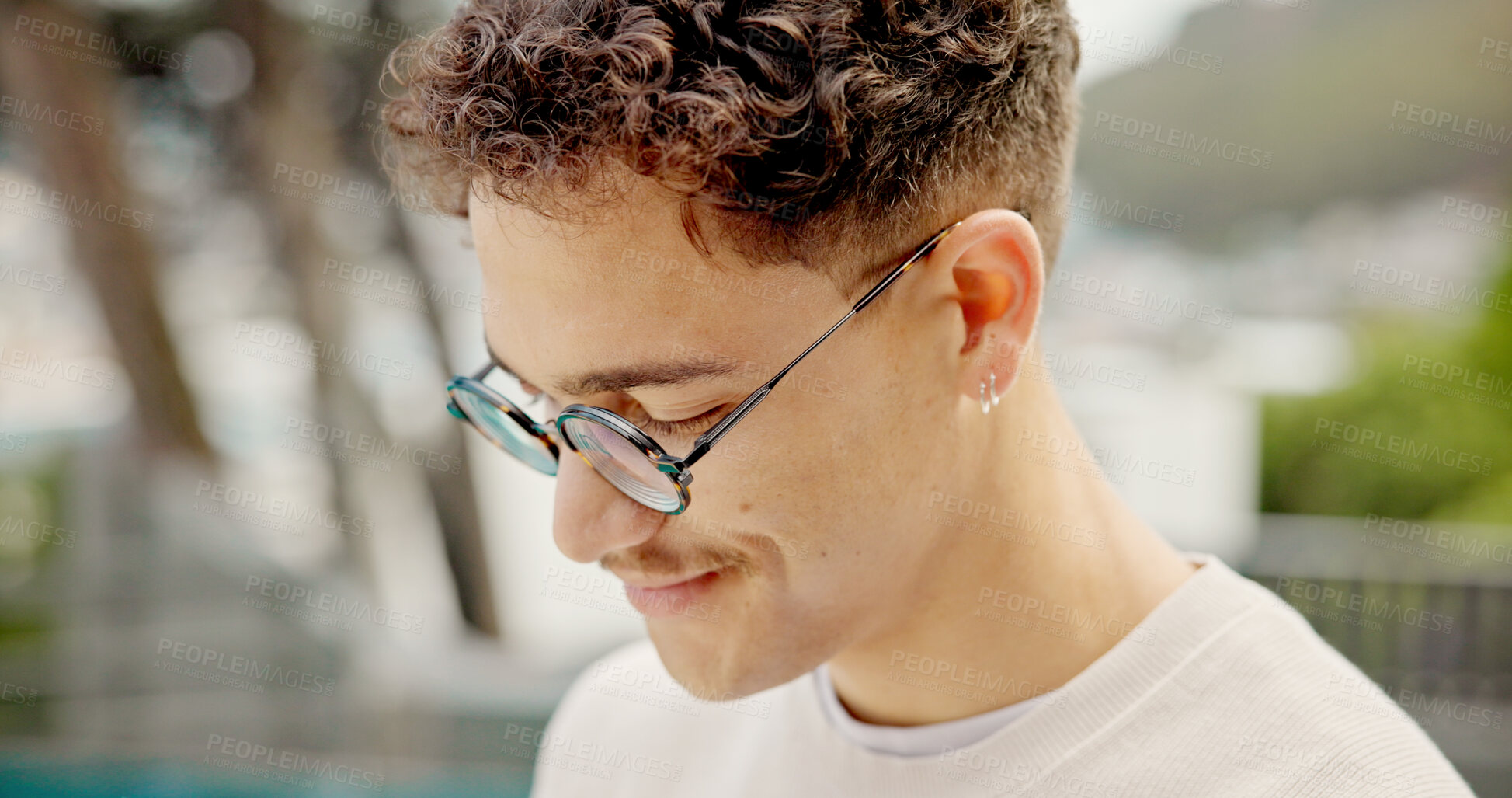 Buy stock photo Outdoor, happy and man with glasses, travel and tourism with summer holiday, online reading for resort and calm. Person, tropical island and guy with eyewear, weekend break and accommodation with joy