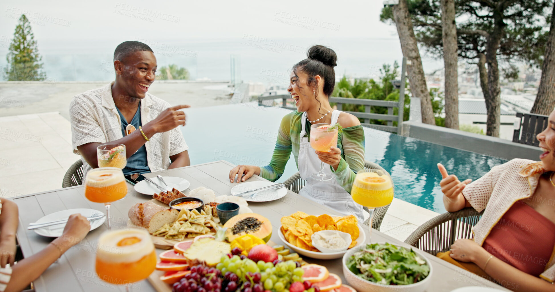 Buy stock photo Party, laughing and friends at lunch for celebration, comedy or joke on holiday at event outdoor. Group, food and people at social gathering for reunion, funny conversation or drink cocktail by pool