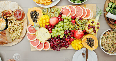 Buy stock photo Food, platter and above with fruit for healthy nutrition, diet or hospitality at luxury resort or hotel. Top view, organic meal or vegetables with variety for brunch, snack or accommodation at lodge