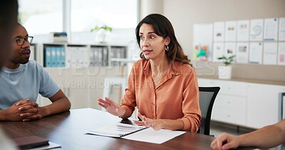 Buy stock photo Woman, meeting and talking with business people in office for event planning, budget and schedule proposal. Project management, teamwork and marketing strategy with employees for campaign agenda