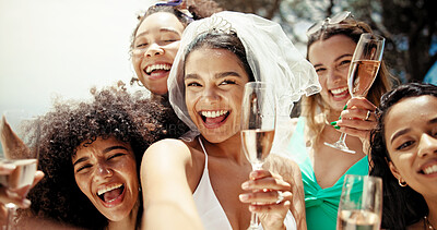 Buy stock photo Selfie, champagne and bridal shower with women at pool for hotel, celebration and holiday. Travel, portrait and bachelorette party with group of friends at resort for memories, vacation and swimwear