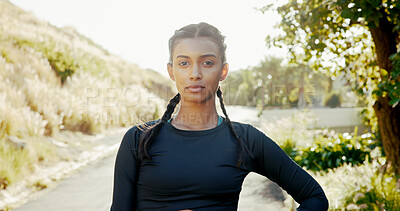 Buy stock photo Portrait, outdoor and woman with fitness, wellness and training with challenge, pride and endurance. Face, healthy person and runner in street, practice and workout with nature, serious and progress