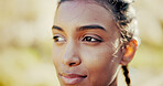 Woman, face and thinking in nature for fitness, peace and relax on exercise break. Girl, rest and outdoor with daydreaming for future, planning wellness and mindfulness reflection for mental health
