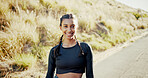 Portrait, outdoor and woman with fitness, smile and training with challenge, progress and endurance. Face, healthy person and runner in street, practice and workout for wellness, nature and energy