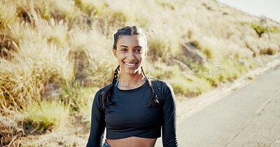 Buy stock photo Portrait, outdoor and woman with fitness, smile and training with challenge, progress and endurance. Face, healthy person and runner in street, practice and workout for wellness, nature and energy