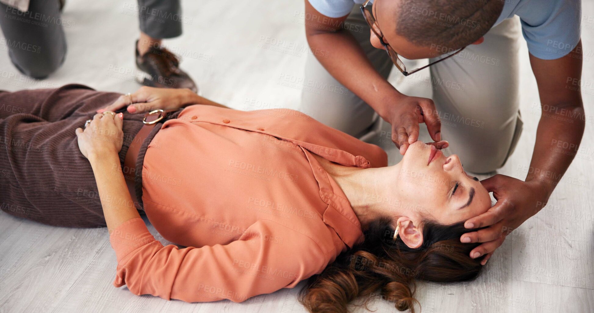 Buy stock photo People, demonstration and class for first aid, breathing and learning for healthcare in office and instructor. Teaching, safety and training of employees for CPR, teacher and technique for wellness