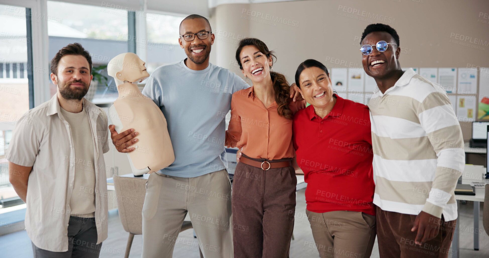 Buy stock photo Portrait, happy and paramedic with business people in office for first aid training with emergency service. Group, EMT and female healthcare instructor with corporate employees for medical course.