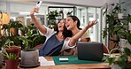 People, selfie and florist team in flower shop, photography and online for business media post. Women, collaboration and together for company picture in workplace, startup social update and happy