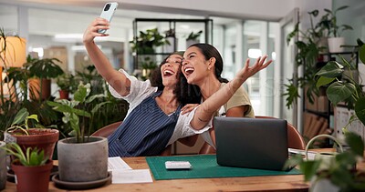 Buy stock photo People, selfie and florist team in flower shop, photography and online for business media post. Women, collaboration and together for company picture in workplace, startup social update and happy